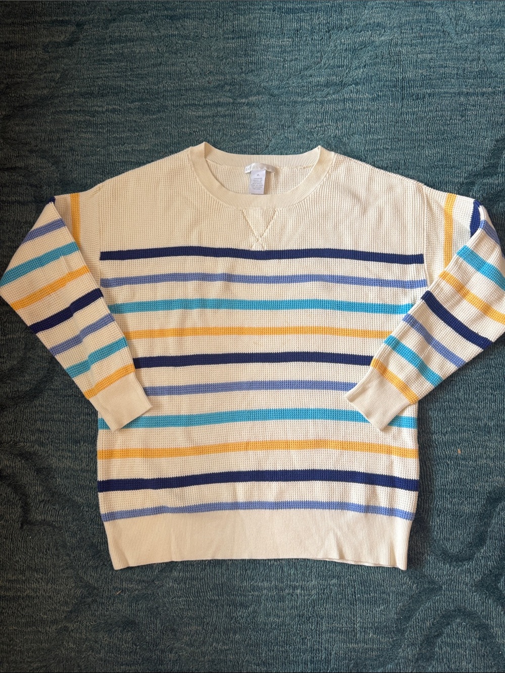 Design History Cream Crewneck Sweater with Navy, Light Blue & Yellow Stripes